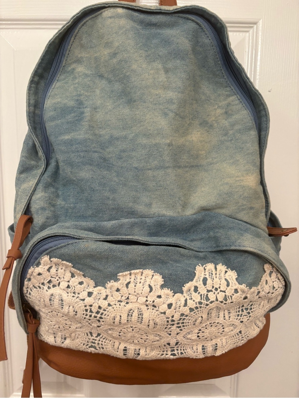 Twig and arrow Denim Blue Backpack with Cream Lace and Brown Trim - Picture 2 of 5
